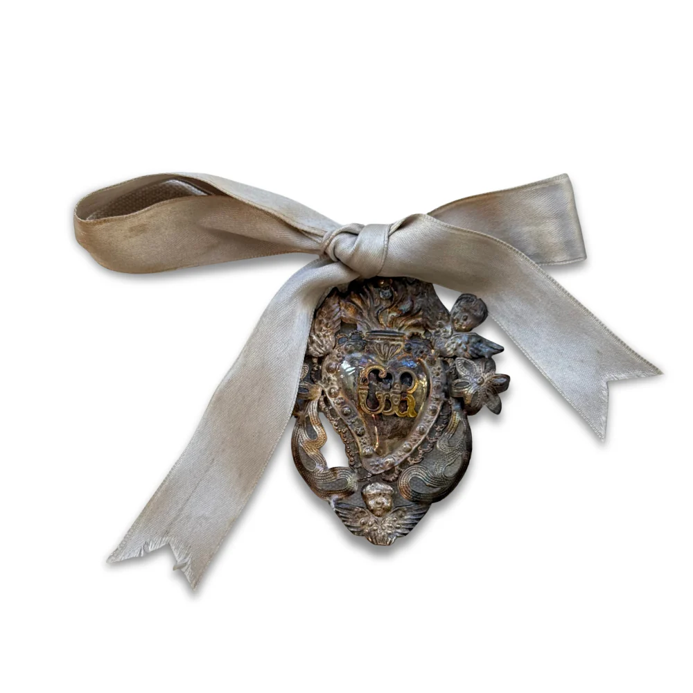 19th-century Italian Ex-Voto Sacred Silver Heart with Ribbon (No. 126)