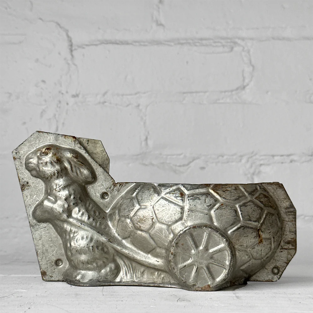 Antique Chocolate Rabbit with Egg Wagon Tin Mold (#26)