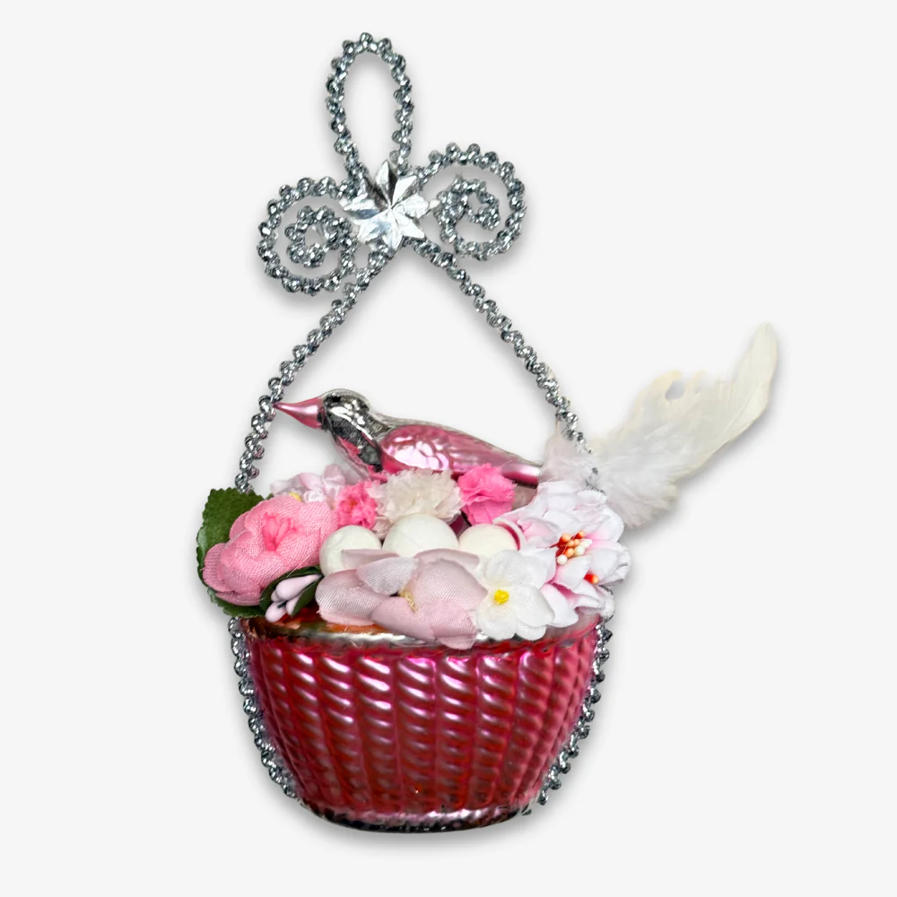 Nostalgic Pink Glass Basket with Bird Ornament
