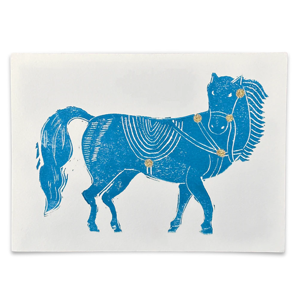 Block Printed Blue Horse Folded Card