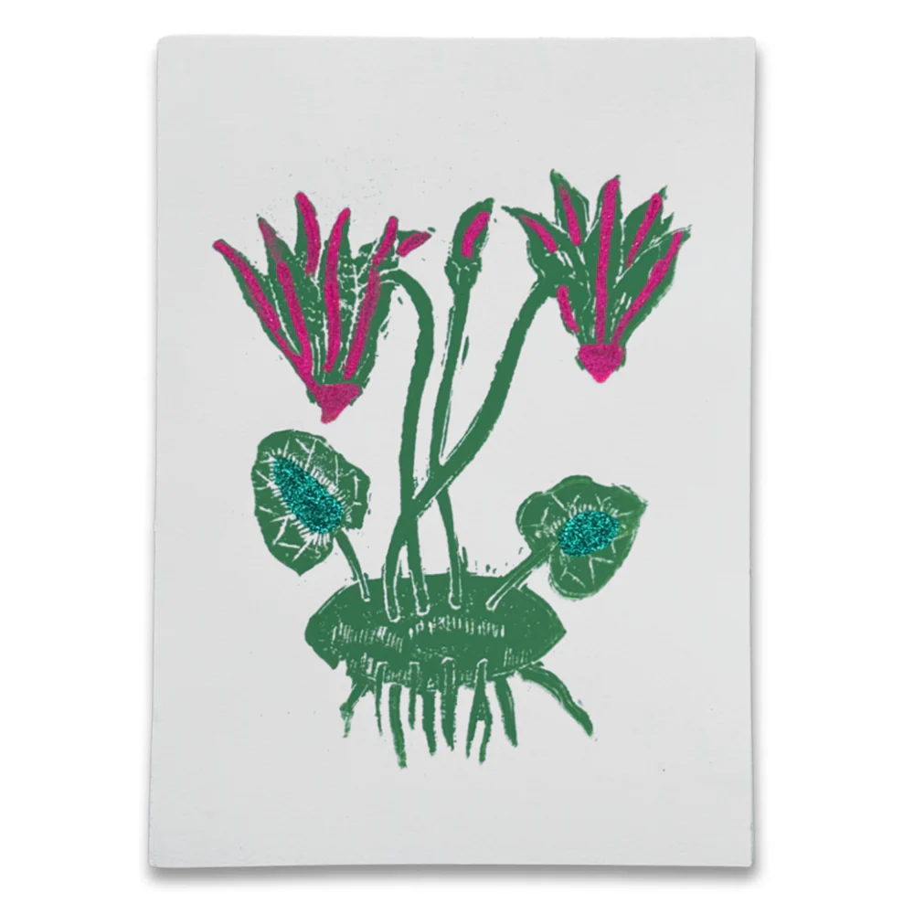 Block Printed Cyclamen Folded Card