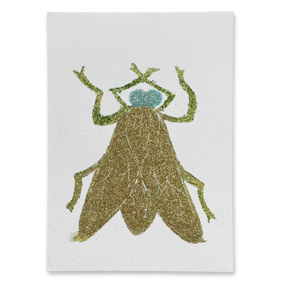 Block Printed Gold and Blue Fly Folded Card