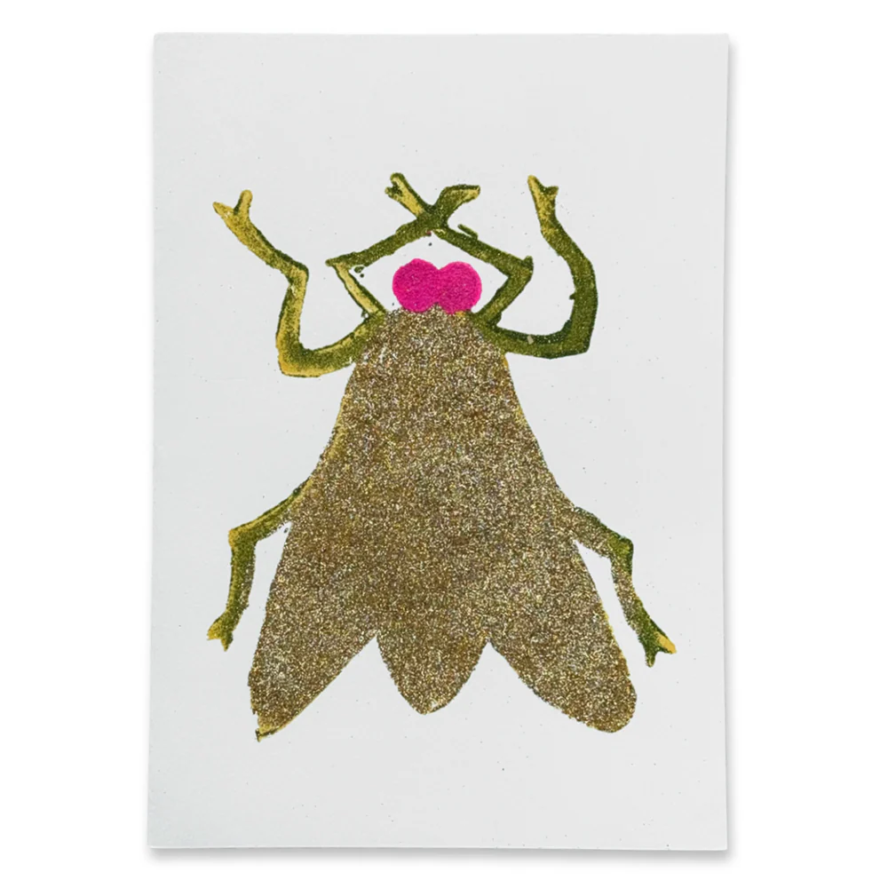 Block Printed Gold and Pink Fly Folded Card