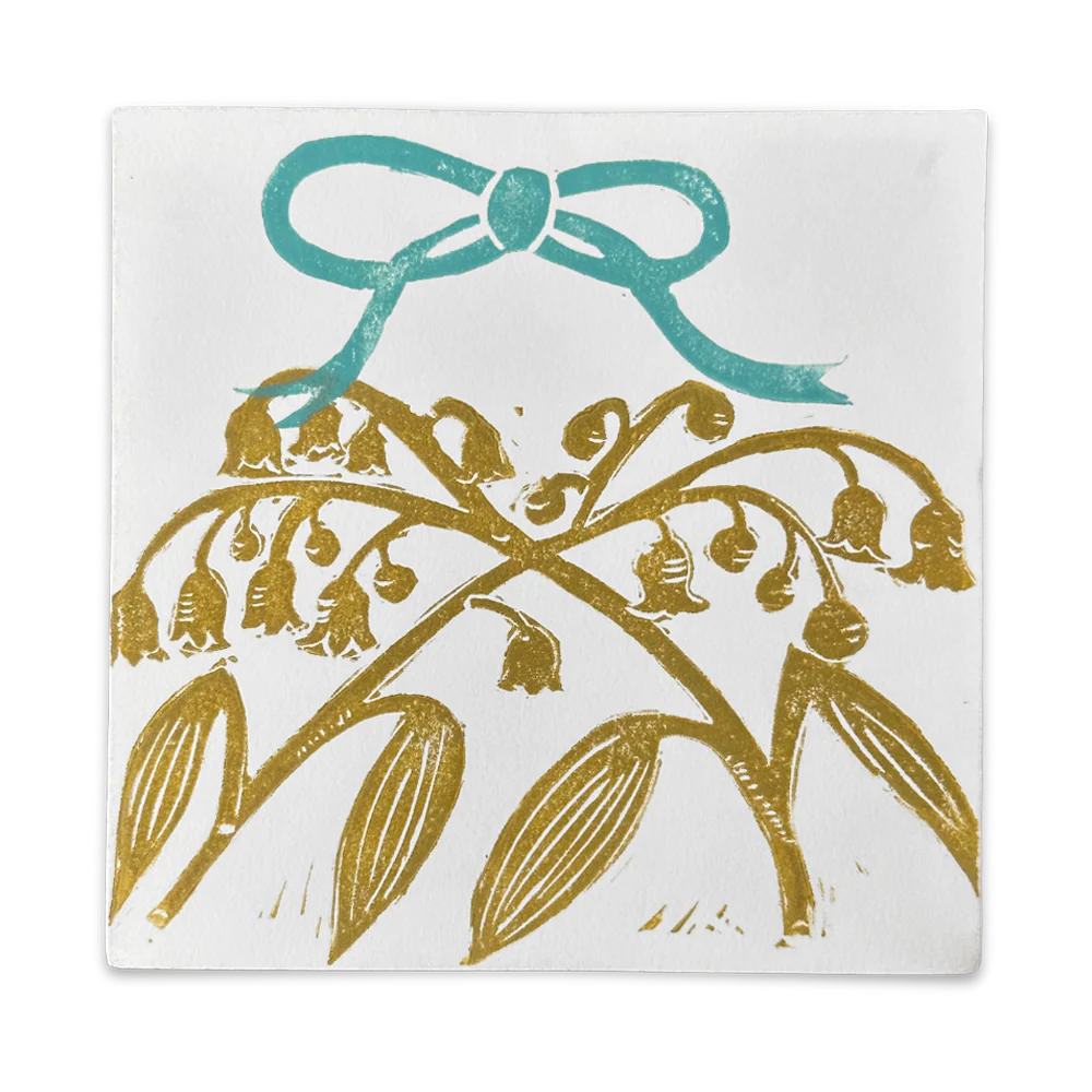 Block Printed Lily of the Valley with Blue Ribbon Folded Card
