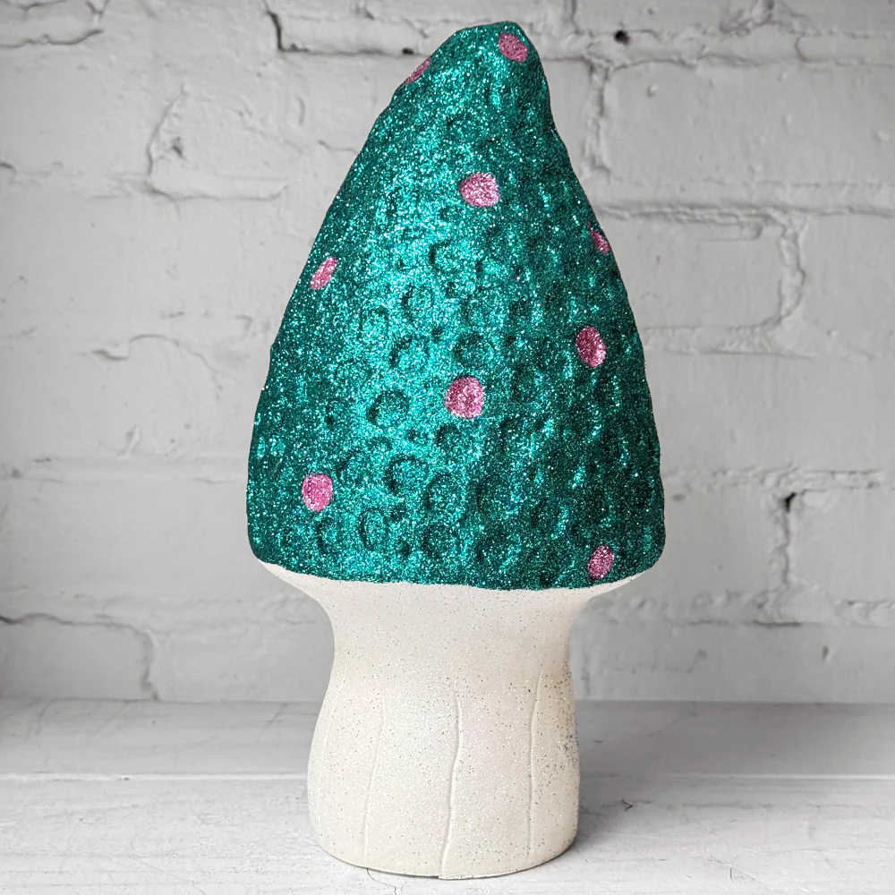 Glitter Morel Mushroom in Teal with Few Pink Dots