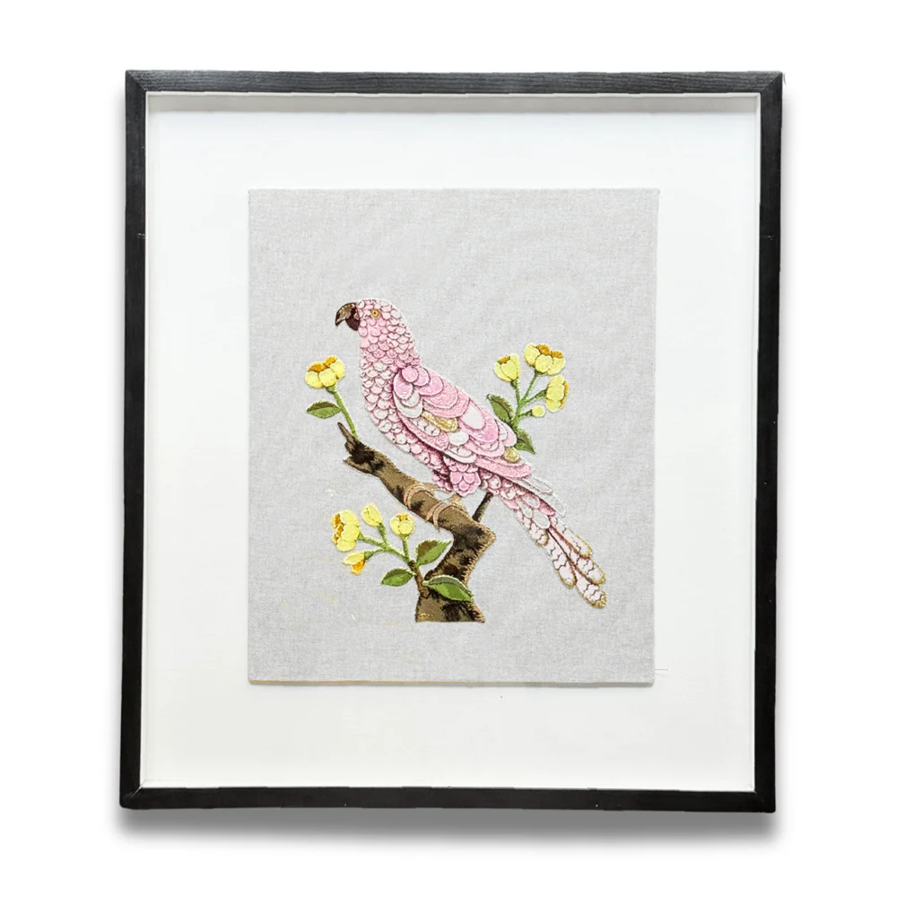 Hand Embroidered "Pink Parrot" by Zara Merrick