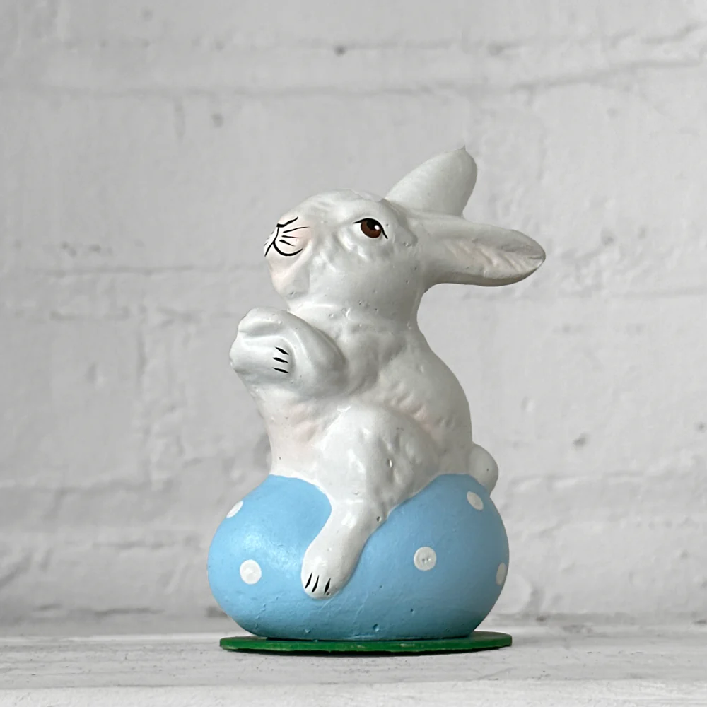 Papier-Mâché Bunny on Egg in Blue & White Polka Dots