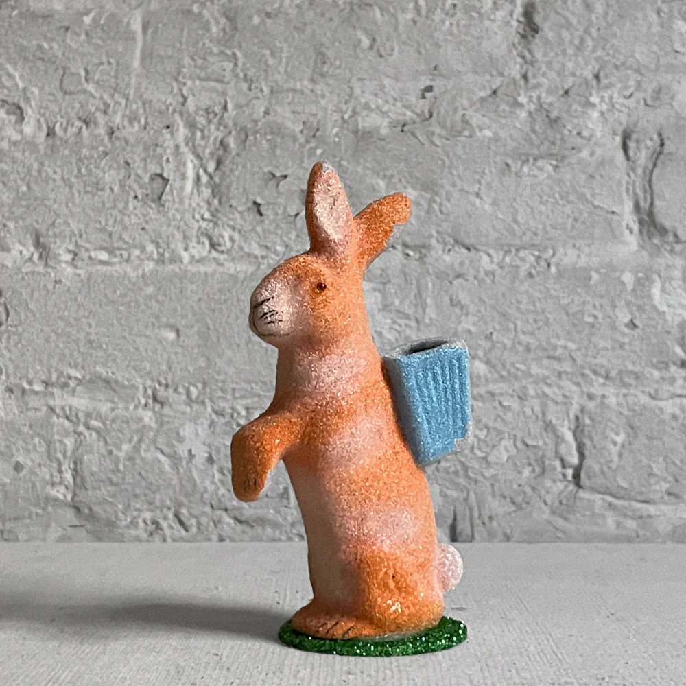 Small Papier-Mâché Beaded Orange Bunny with Blue Basket