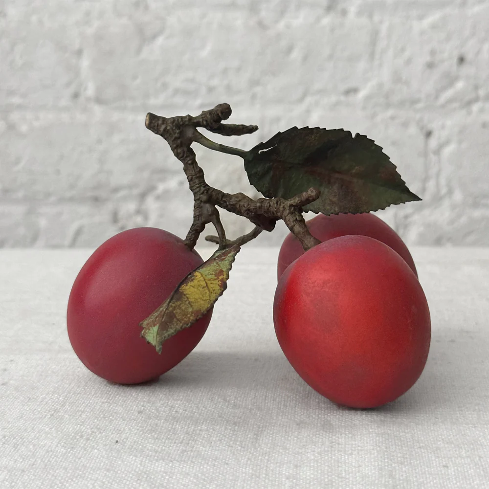 Triple Porcelain Santa Rosa Plum with Twig and Two Leaves